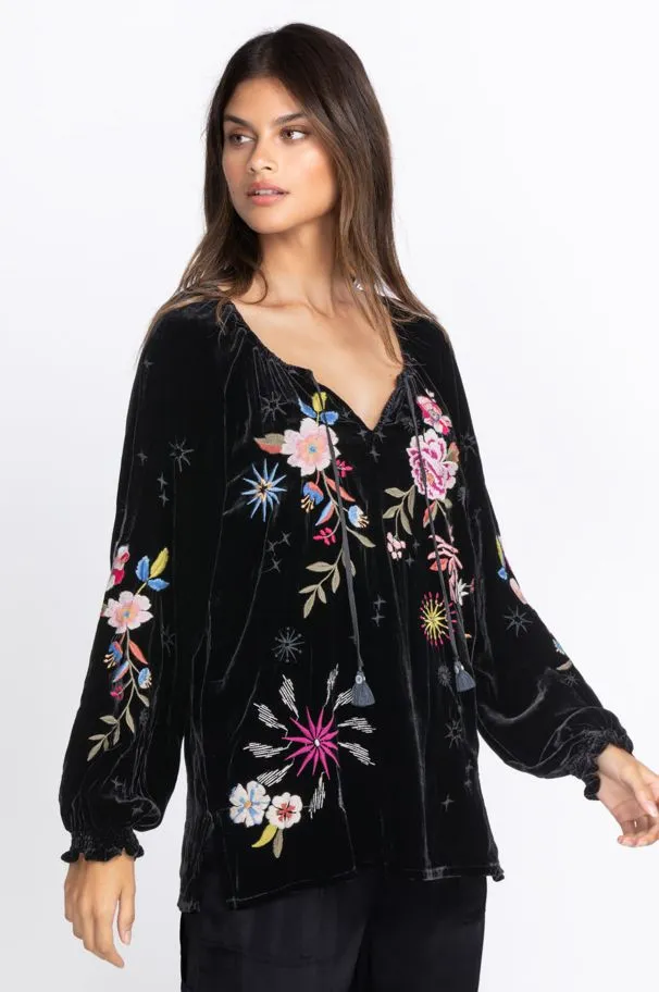 Johnny Was Floral Celestine Velvet Bishop Blouse Black Shirt Long Sleeve Top NEW