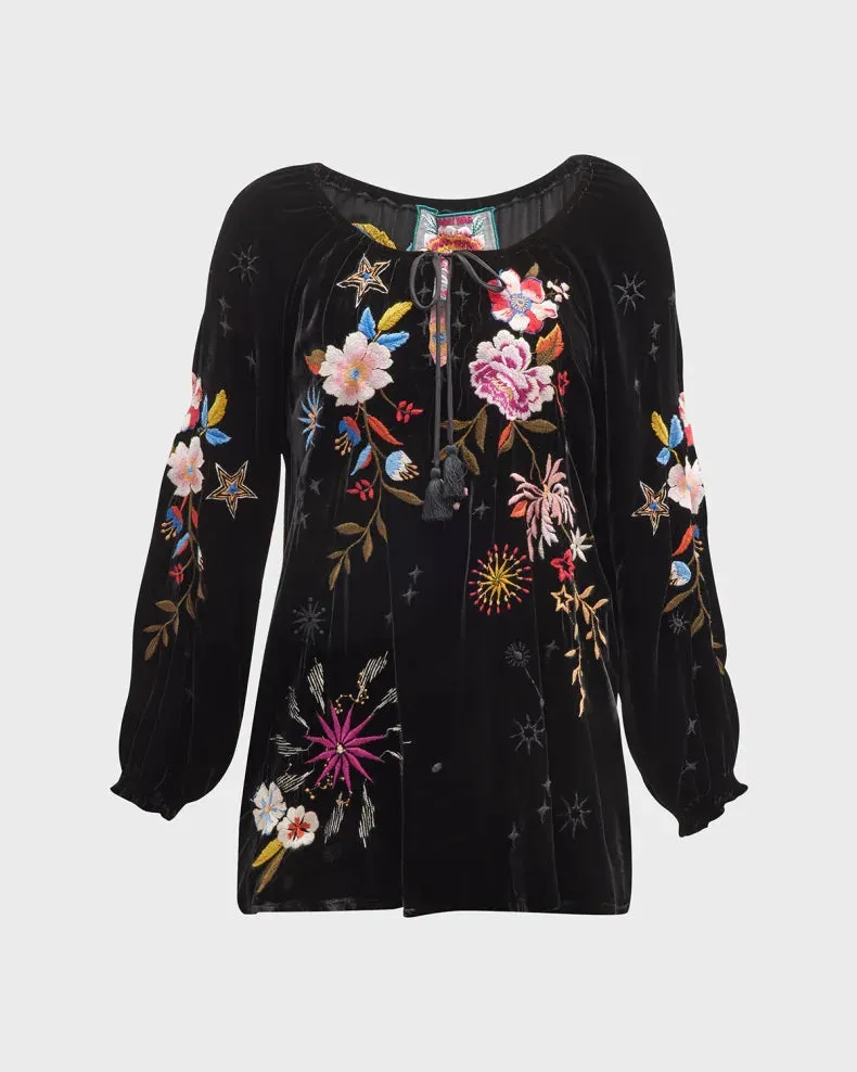 Johnny Was Floral Celestine Velvet Bishop Blouse Black Shirt Long Sleeve Top NEW