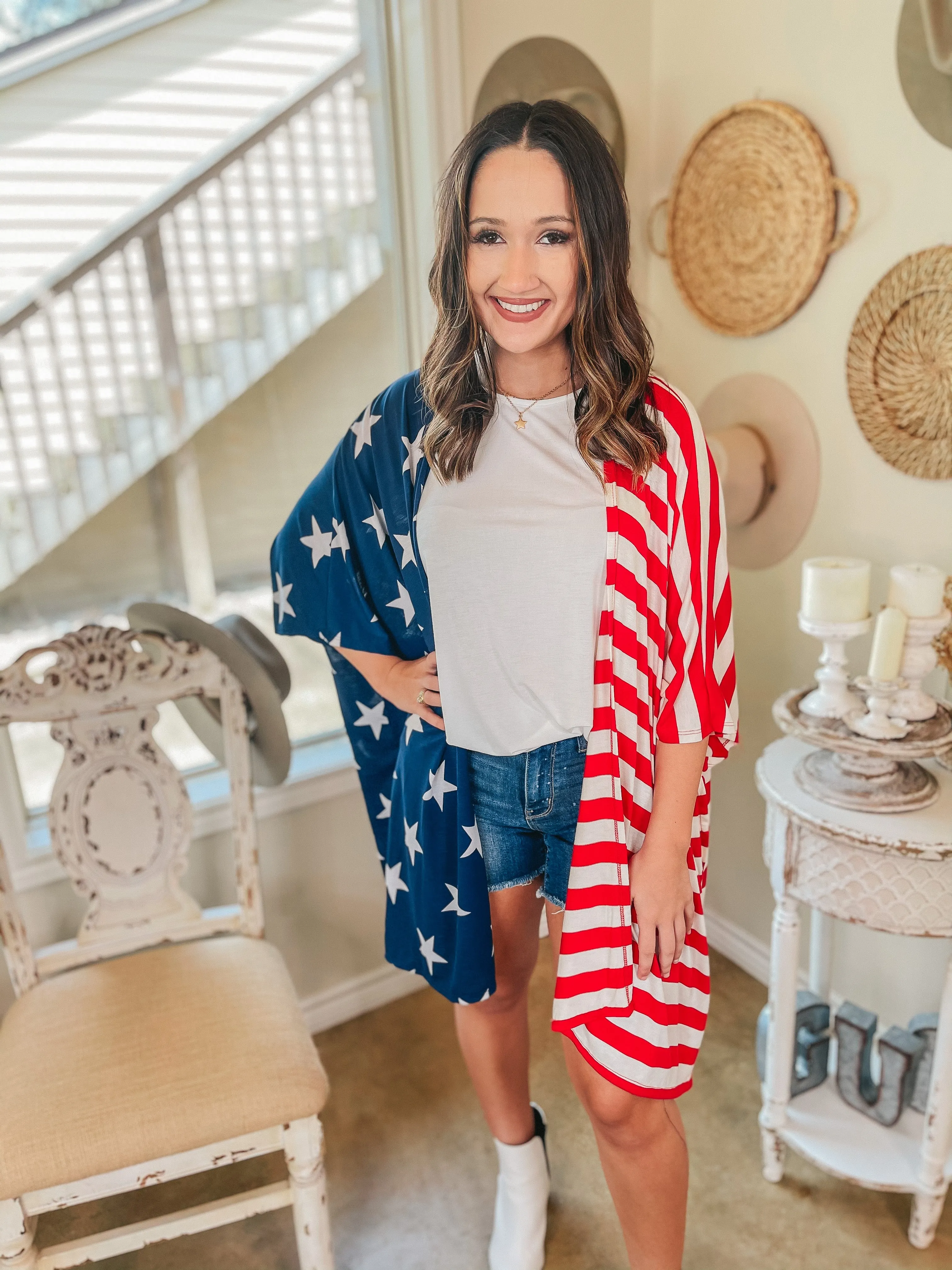 Last Chance Size Medium (Oversized) | American Sweetheart Stars and Stripes Drop Sleeve Kimono in Red, White, and Blue