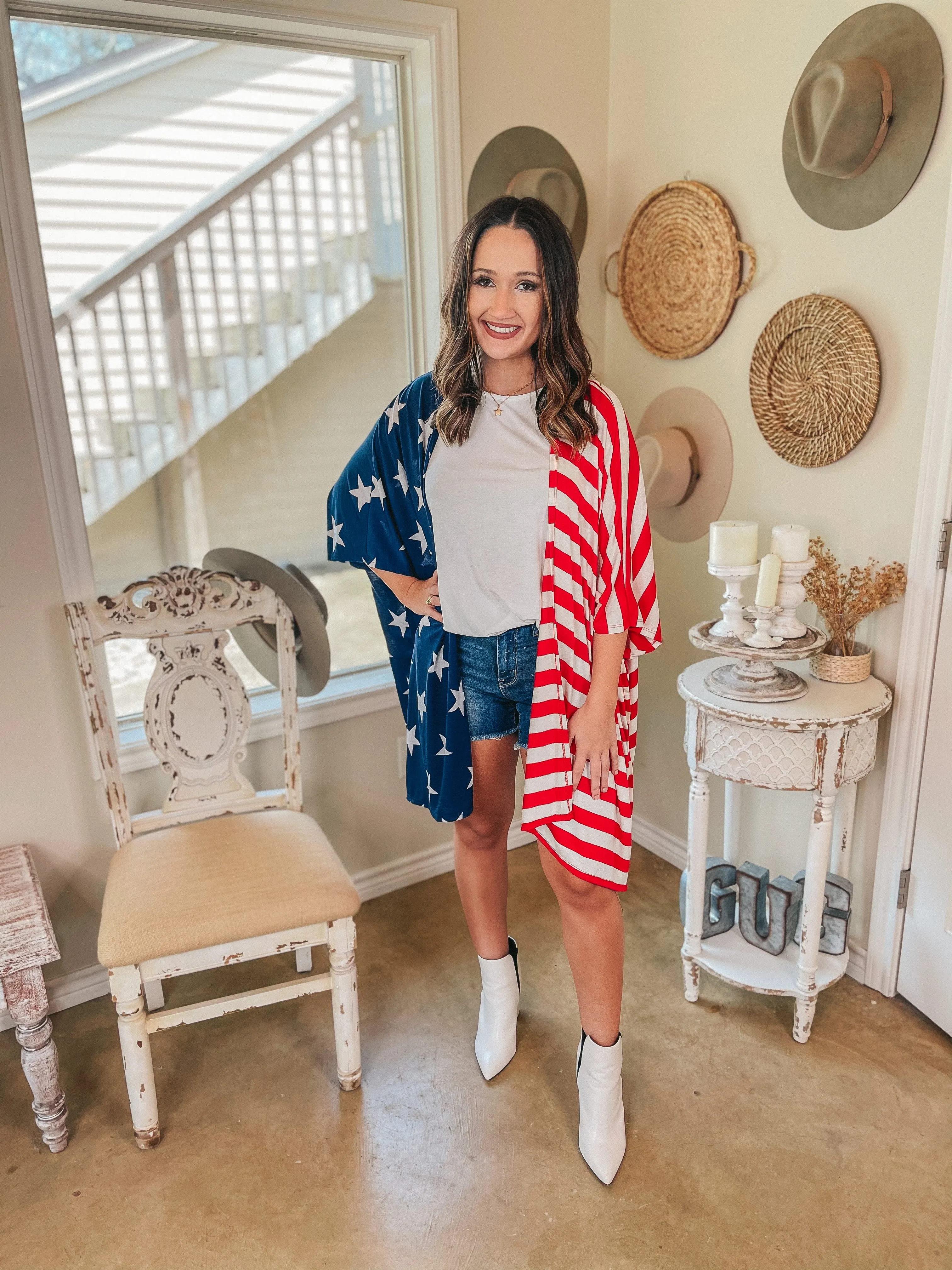 Last Chance Size Medium (Oversized) | American Sweetheart Stars and Stripes Drop Sleeve Kimono in Red, White, and Blue