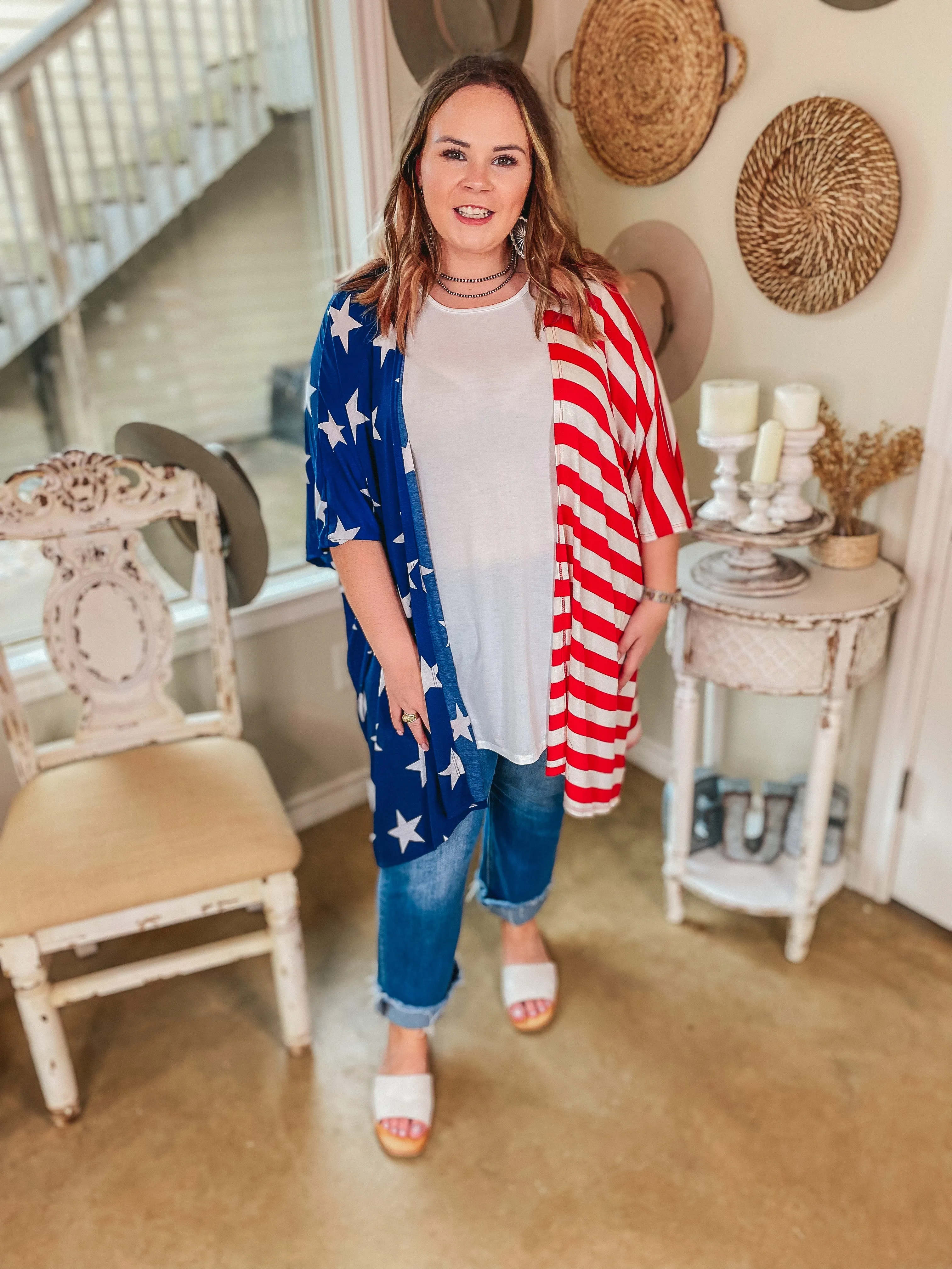 Last Chance Size Medium (Oversized) | American Sweetheart Stars and Stripes Drop Sleeve Kimono in Red, White, and Blue