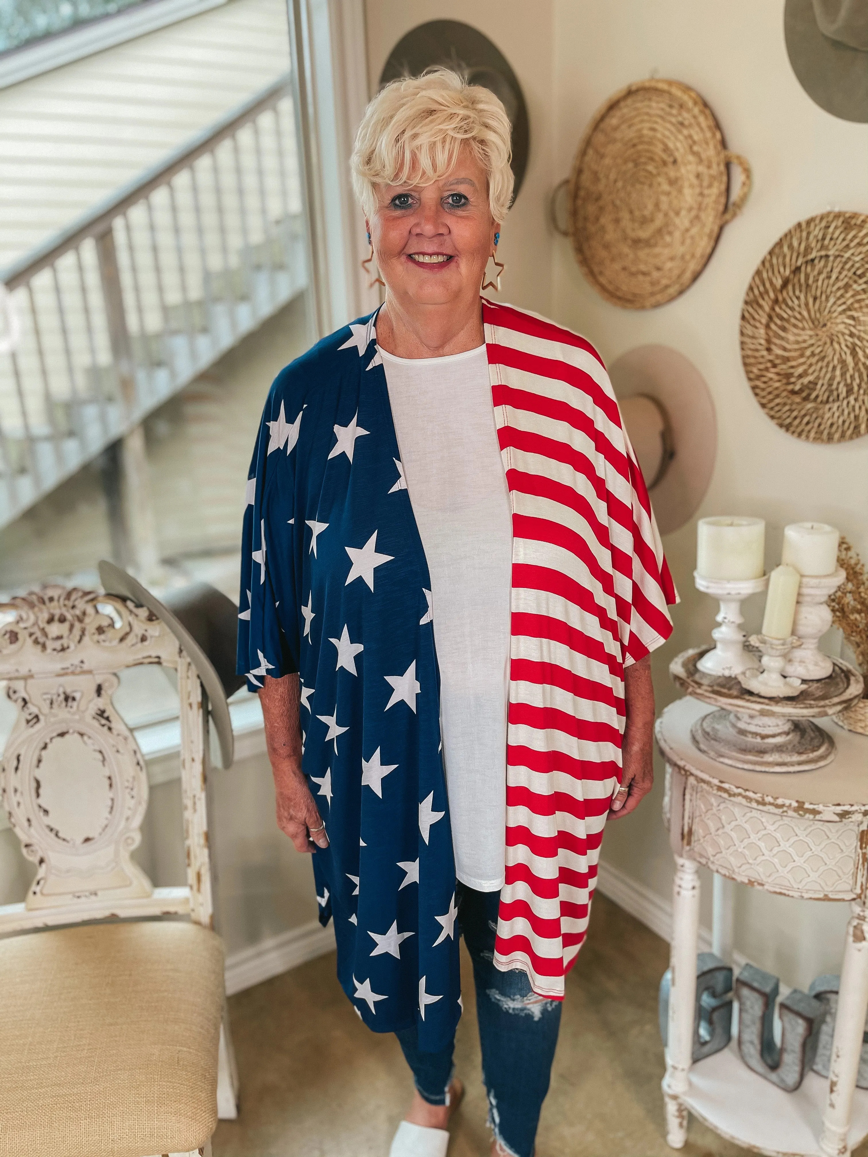 Last Chance Size Medium (Oversized) | American Sweetheart Stars and Stripes Drop Sleeve Kimono in Red, White, and Blue