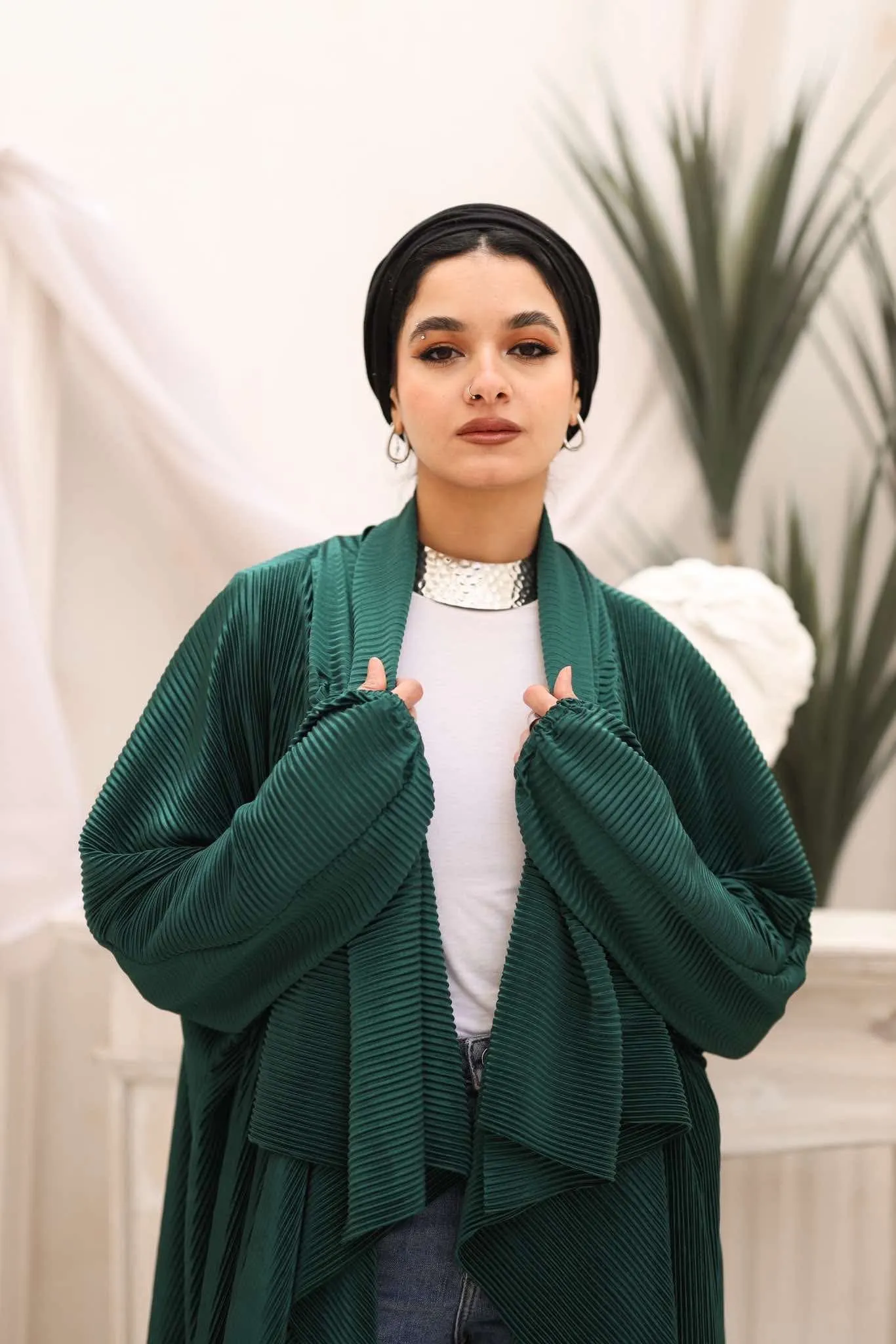 Pleated kimono in emerald green