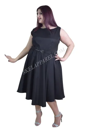 Plus Audrey Hepburn Style 60's Vintage Design Black Satin Flare Swing Party Dress