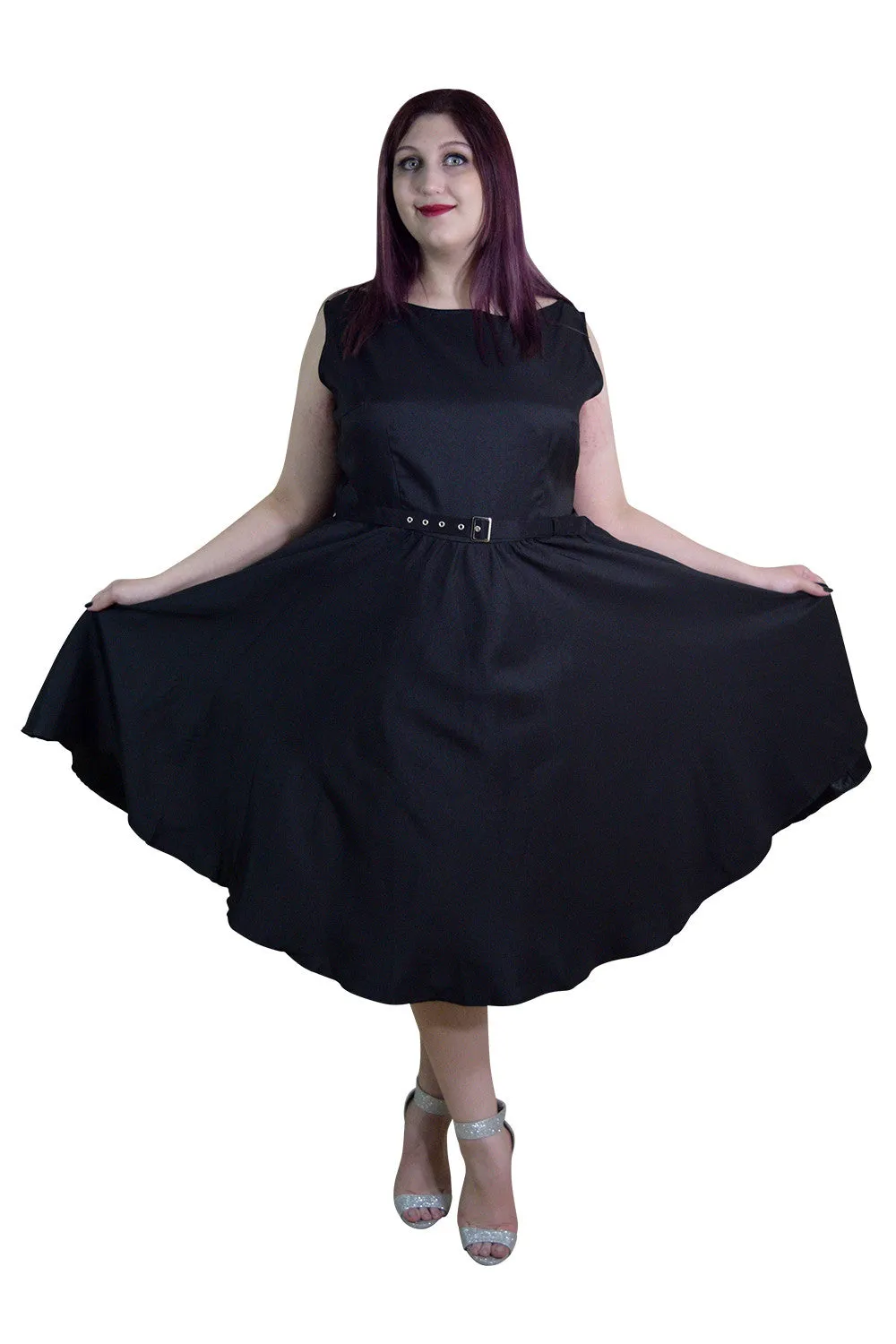 Plus Audrey Hepburn Style 60's Vintage Design Black Satin Flare Swing Party Dress