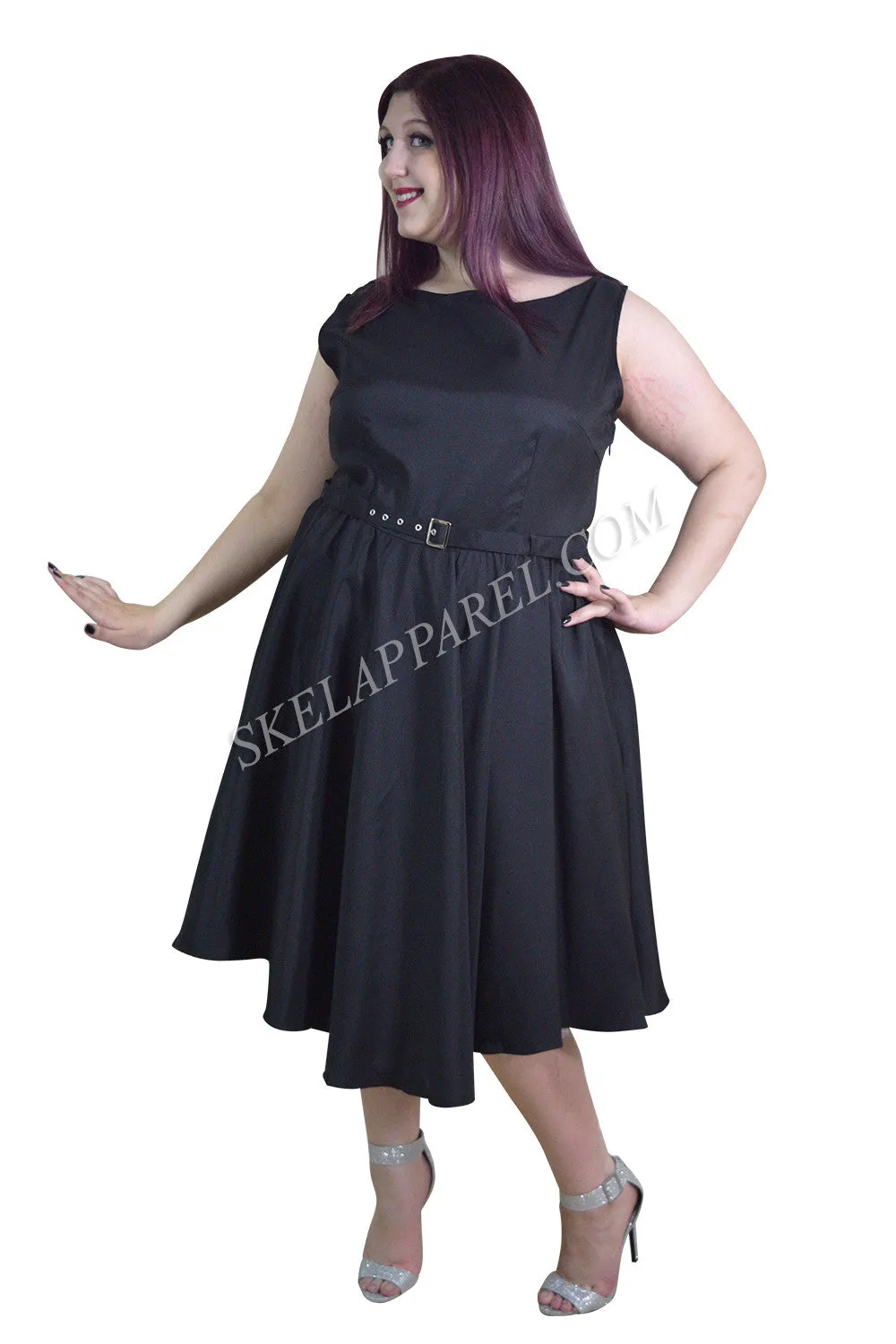 Plus Audrey Hepburn Style 60's Vintage Design Black Satin Flare Swing Party Dress