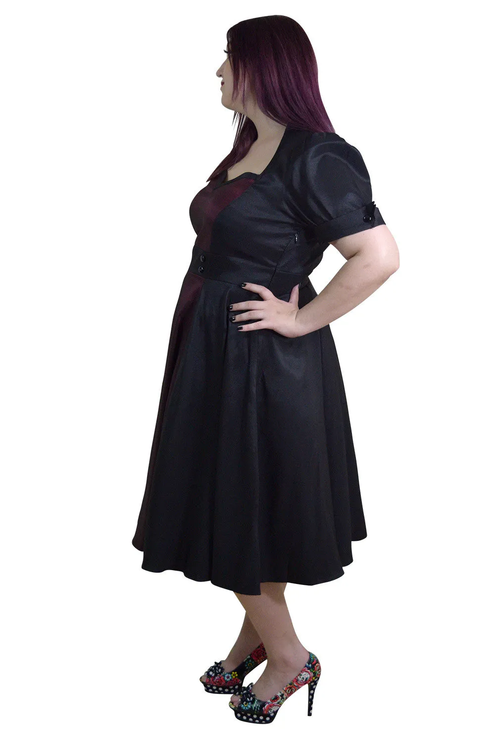 Plus Size Vintage 60's Queen of Hearts Two Tone Black and Burgundy Satin Dress