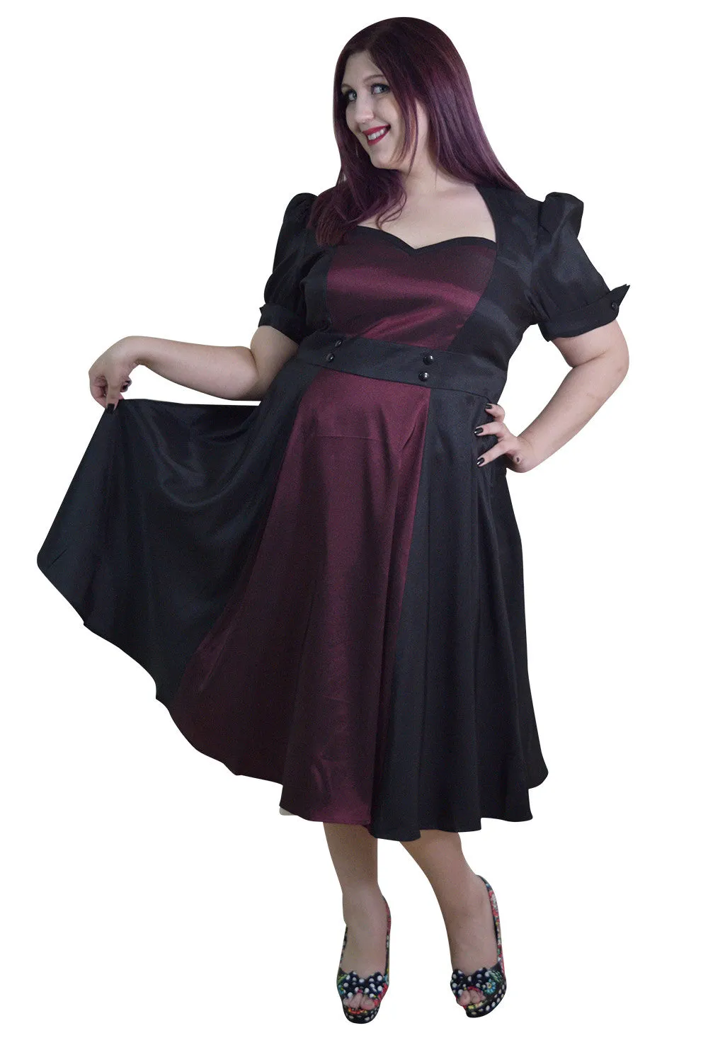 Plus Size Vintage 60's Queen of Hearts Two Tone Black and Burgundy Satin Dress