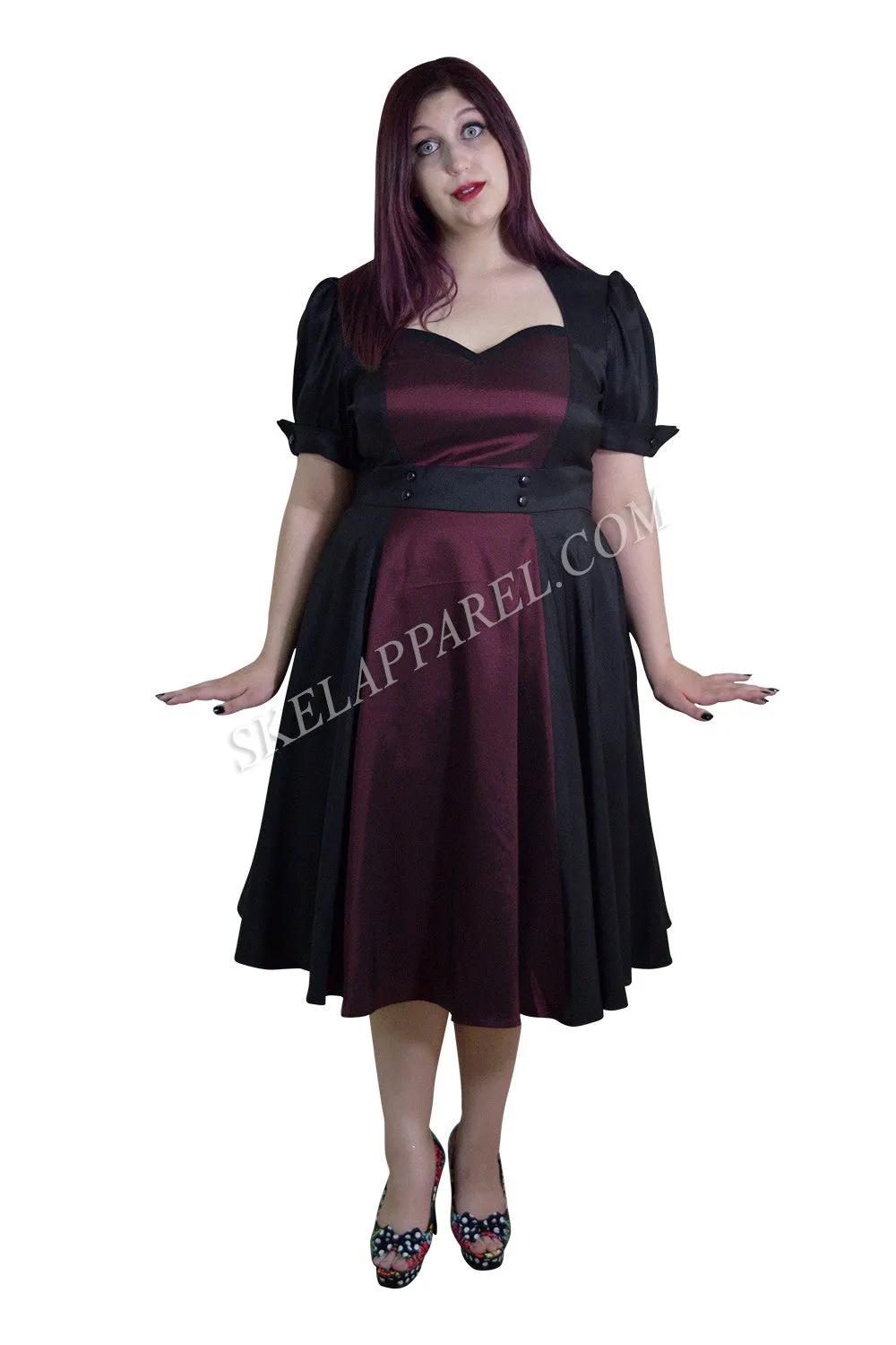 Plus Size Vintage 60's Queen of Hearts Two Tone Black and Burgundy Satin Dress
