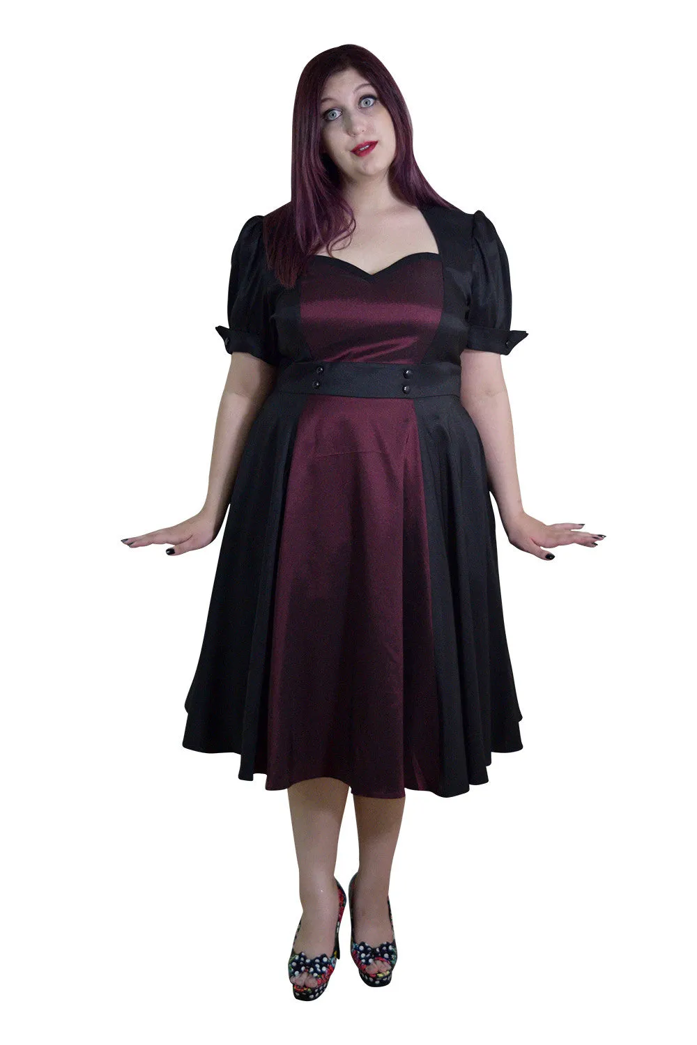 Plus Size Vintage 60's Queen of Hearts Two Tone Black and Burgundy Satin Dress