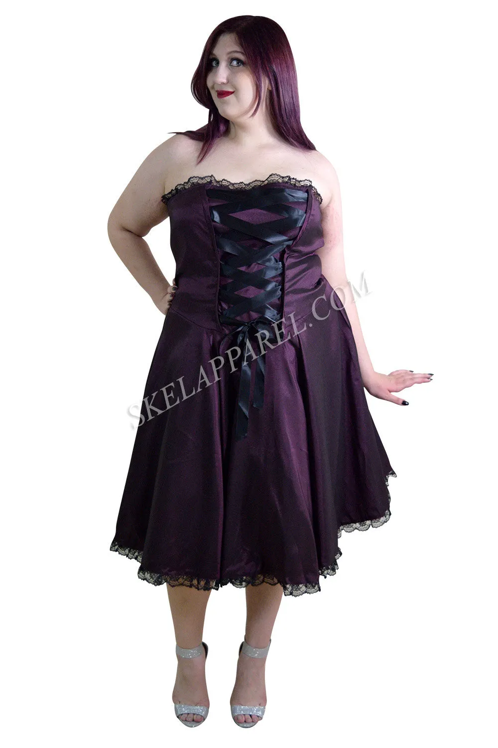 Plus Women Victorian Style Satin ribbon Strapless Purple Satin Corset Lace-up Dress