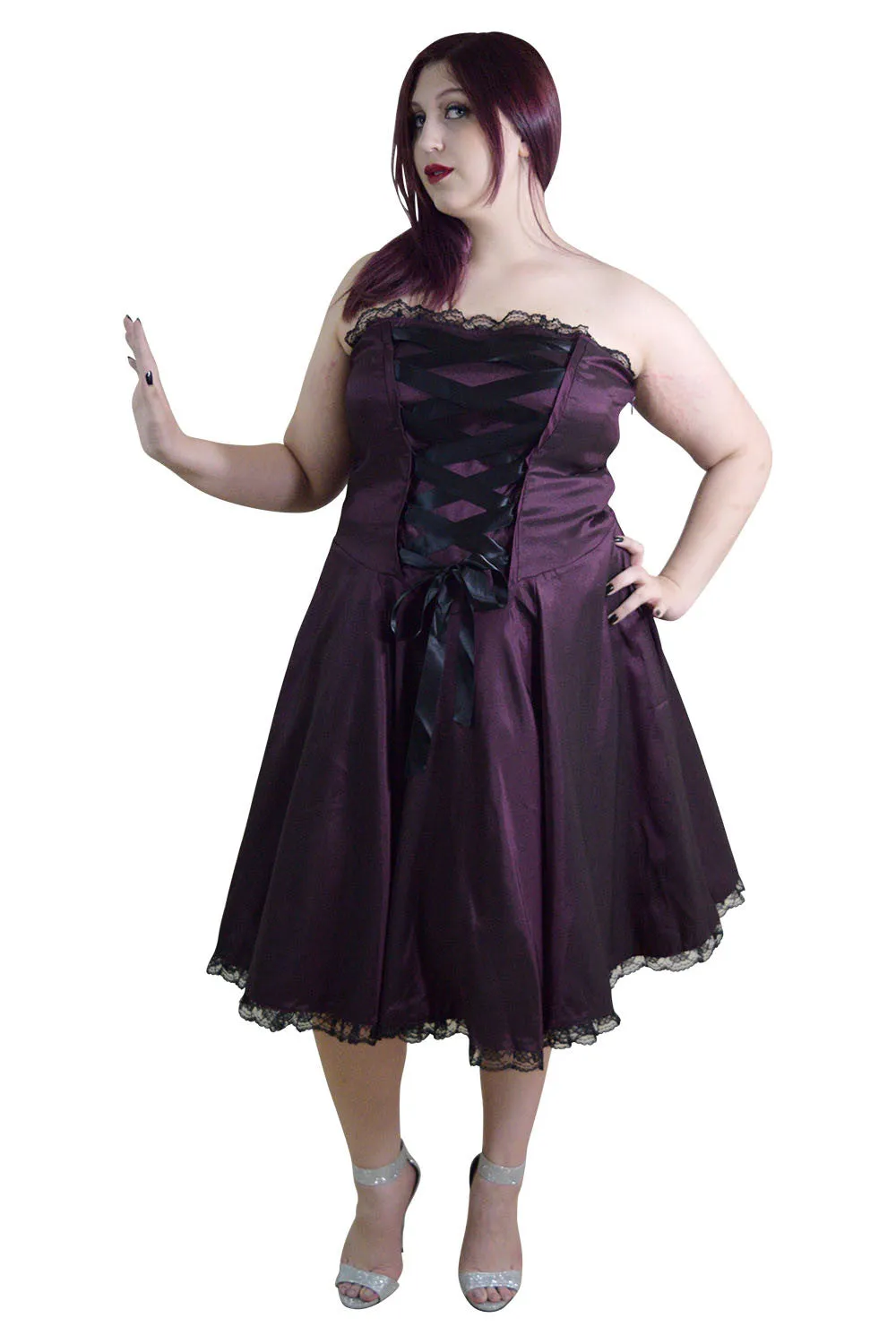 Plus Women Victorian Style Satin ribbon Strapless Purple Satin Corset Lace-up Dress
