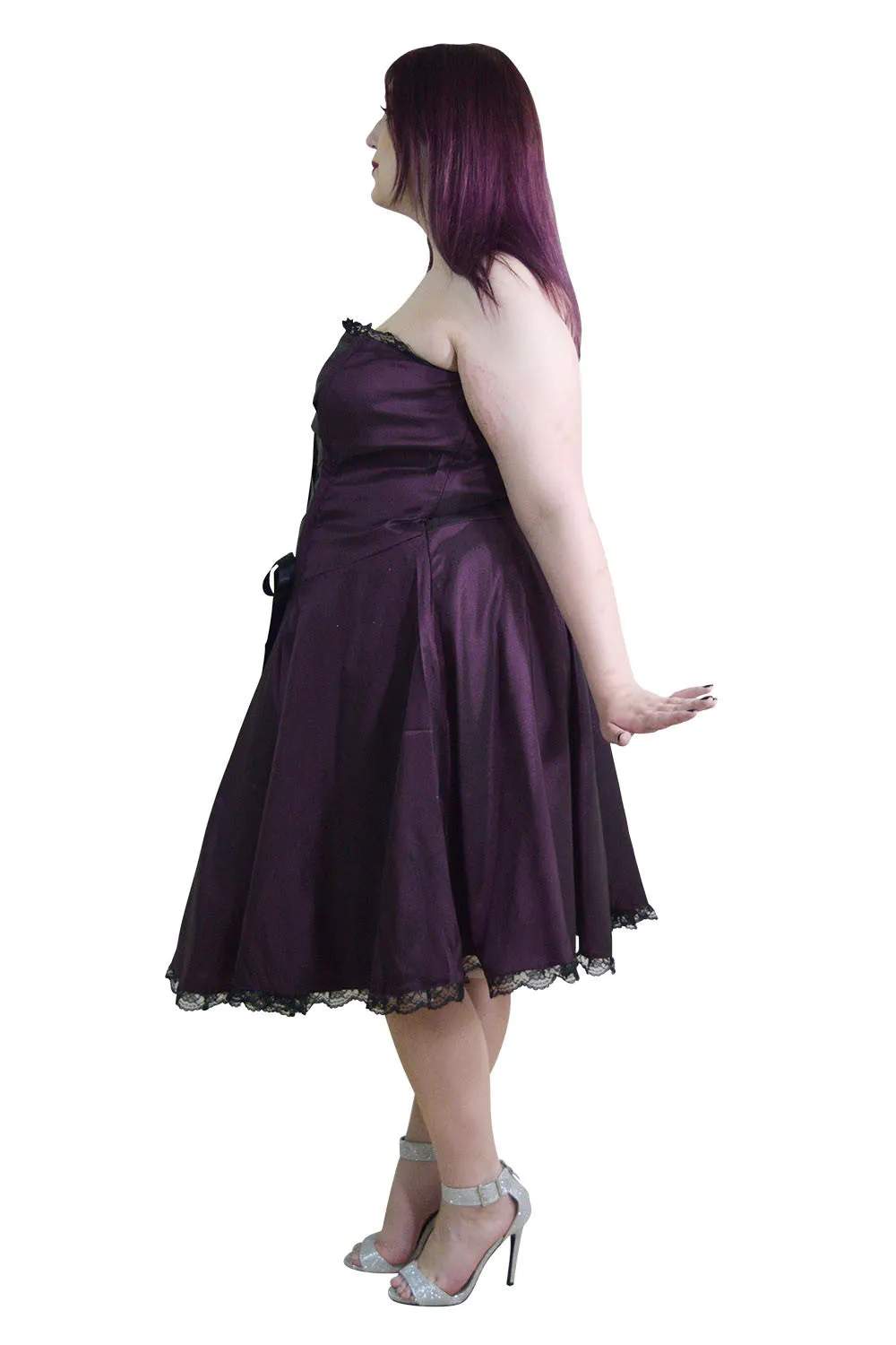 Plus Women Victorian Style Satin ribbon Strapless Purple Satin Corset Lace-up Dress