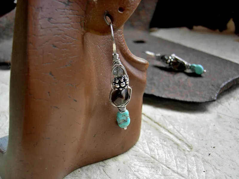 Smoky Quartz & Turquoise Earrings, Wrapped Sterling Hooks