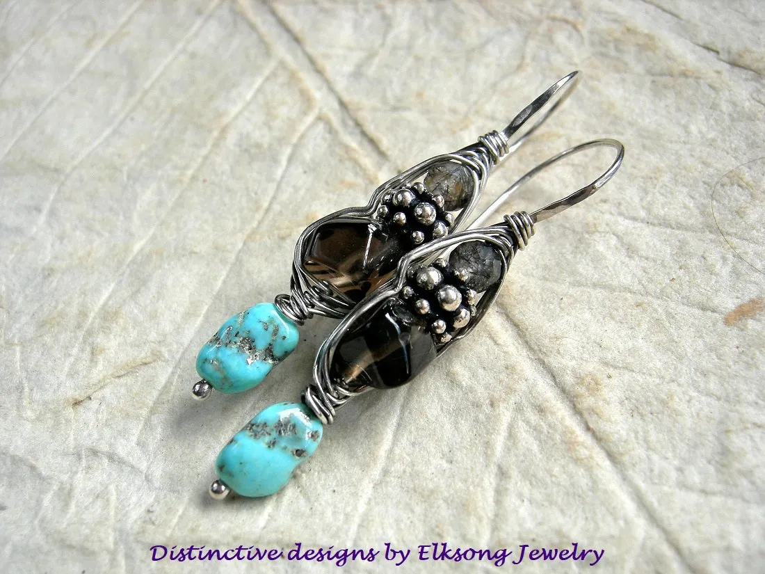 Smoky Quartz & Turquoise Earrings, Wrapped Sterling Hooks