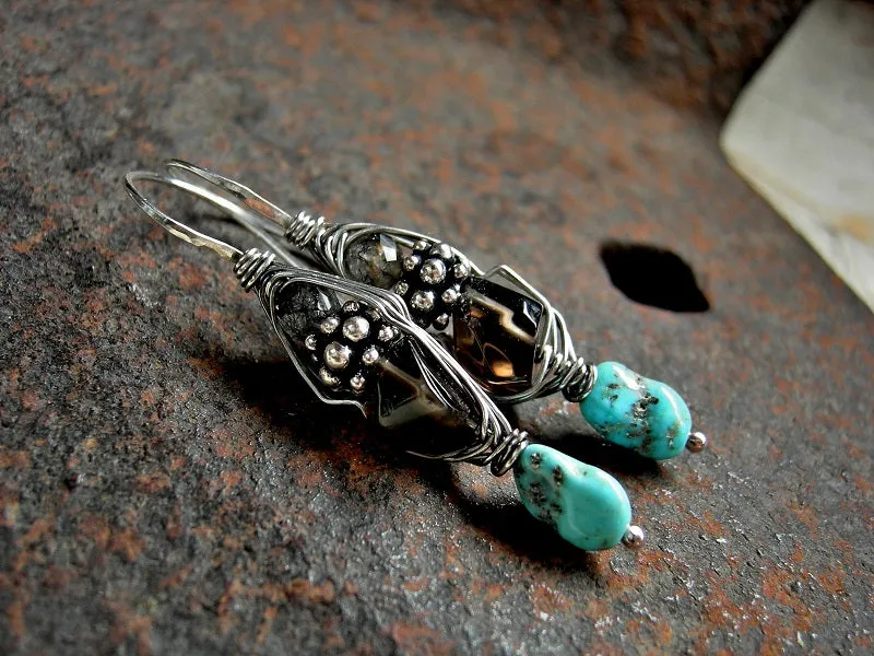 Smoky Quartz & Turquoise Earrings, Wrapped Sterling Hooks