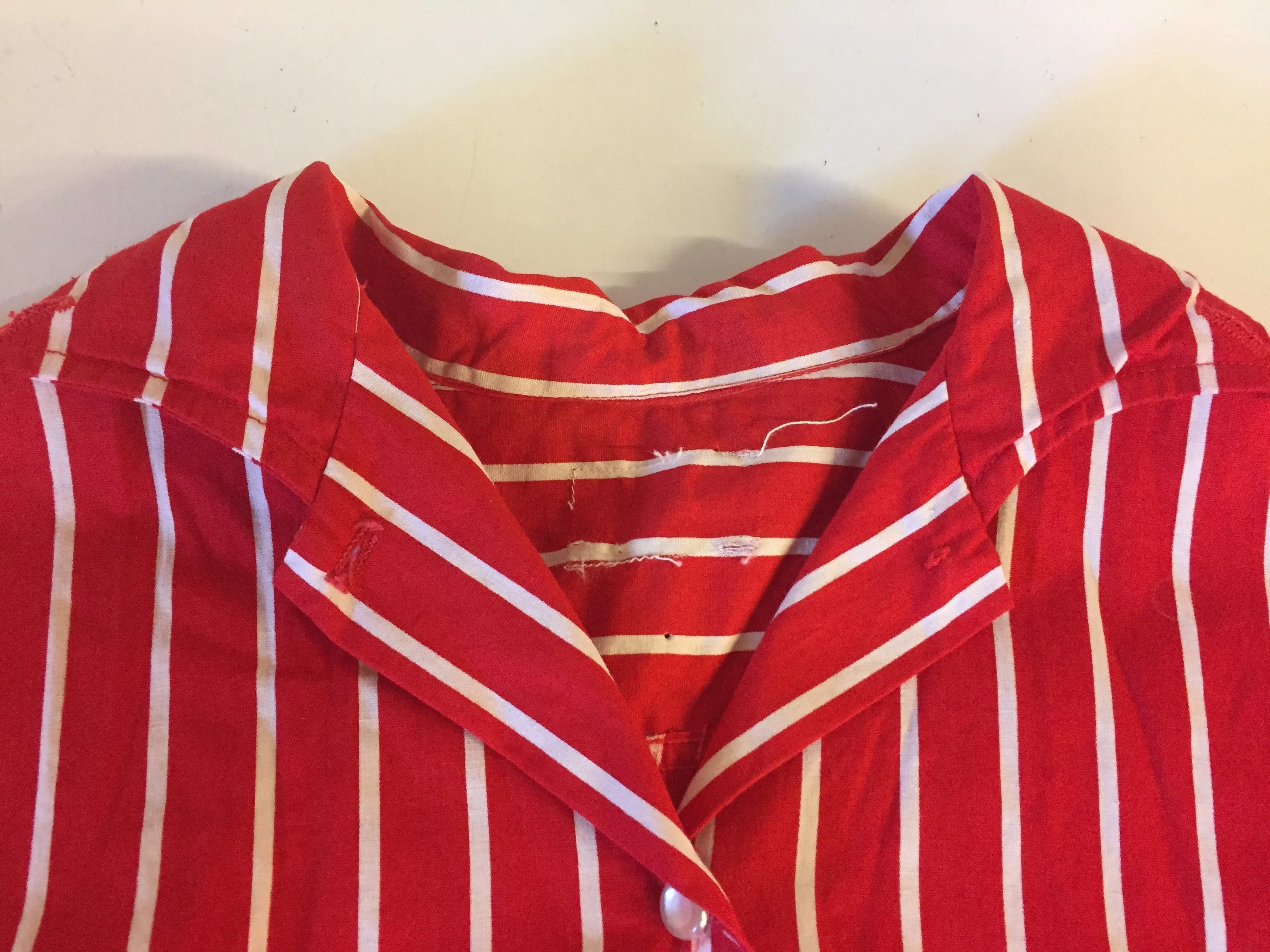 Vintage 1960's Red & White Strip Button Up Blouse Retro Fashion